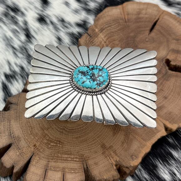 1980s Native American NAVAJO Sterling Turquoise Buckle Mounted On Cuff Bracelet - Picture 1 of 5